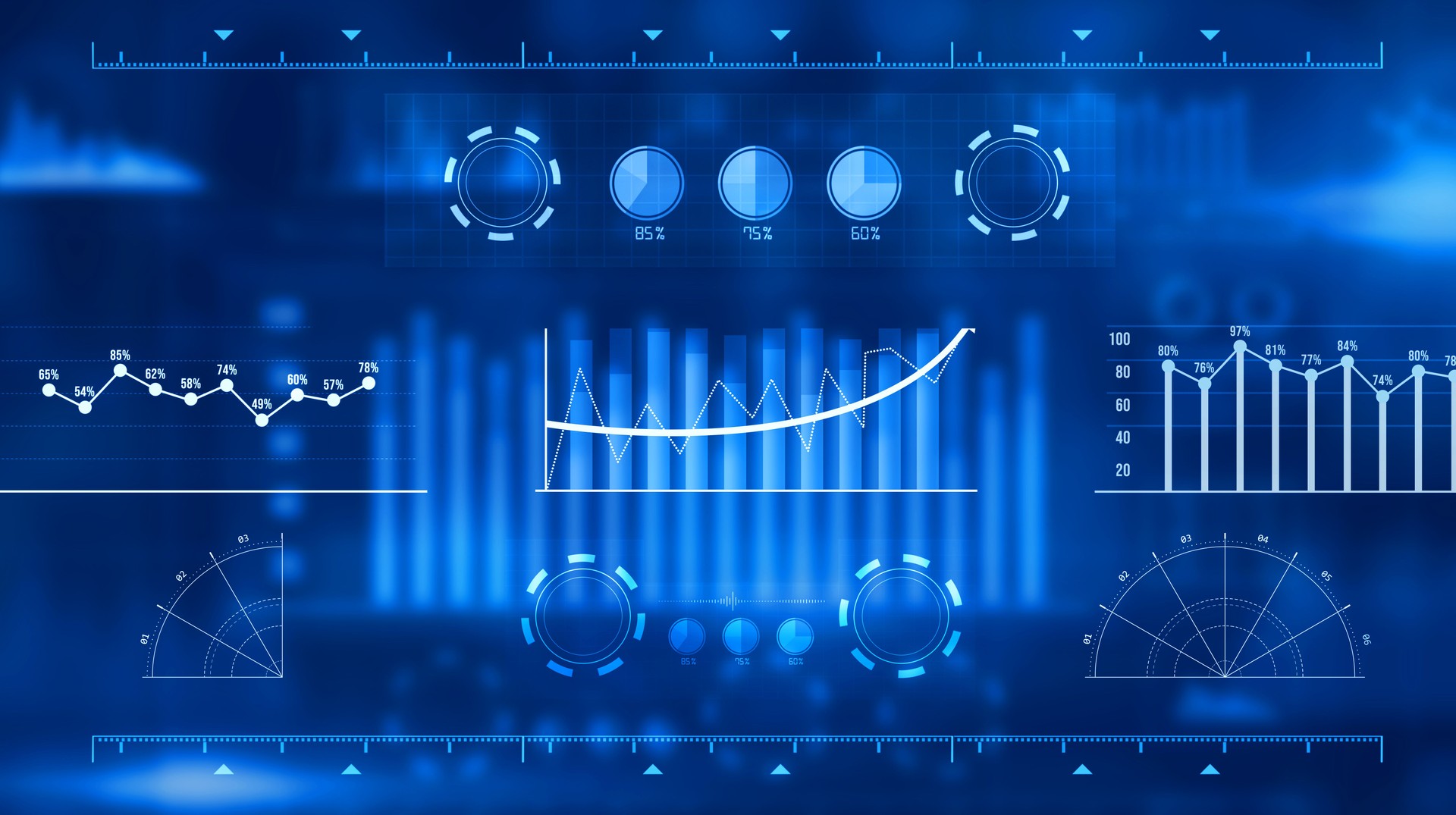 HUD Futuristic information technology digital data cyber technology background. Graph chart with data, lines and numbers, earth globe and candlesticks.